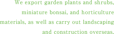 We export garden plants and shrubs, miniature bonsai, and horticulture materials, as well as carry out landscaping and construction overseas.
